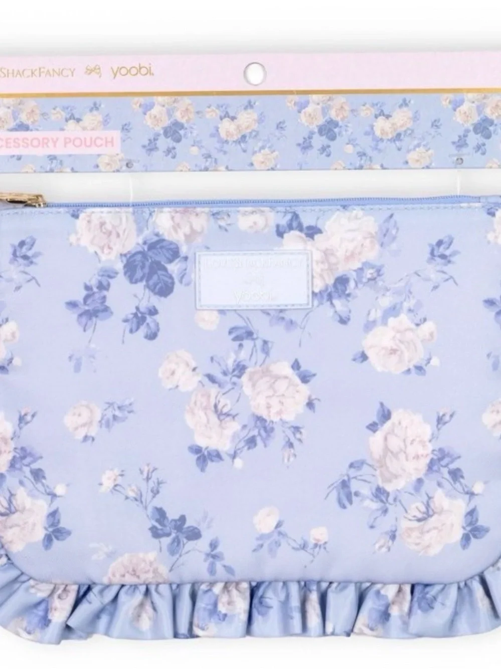 Yoobi Light Blue Floral Ruffle pencil case pouch with Gold Charm
